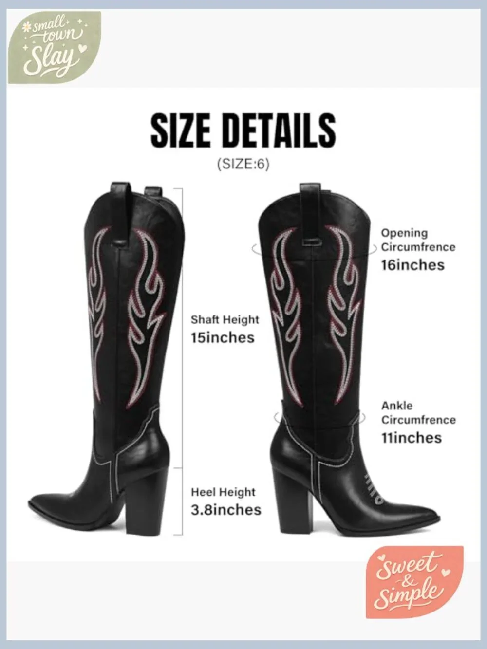 Knee High Cowboy Boots Pointed Toe Chunky Heel Side Zip Western Boots - Picture 5 of 7